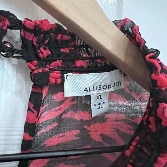 Allison Joy For Evereve XL Red Black Ruffle Blouse Long Sleeve Sheer Top - Picture 2 of 9